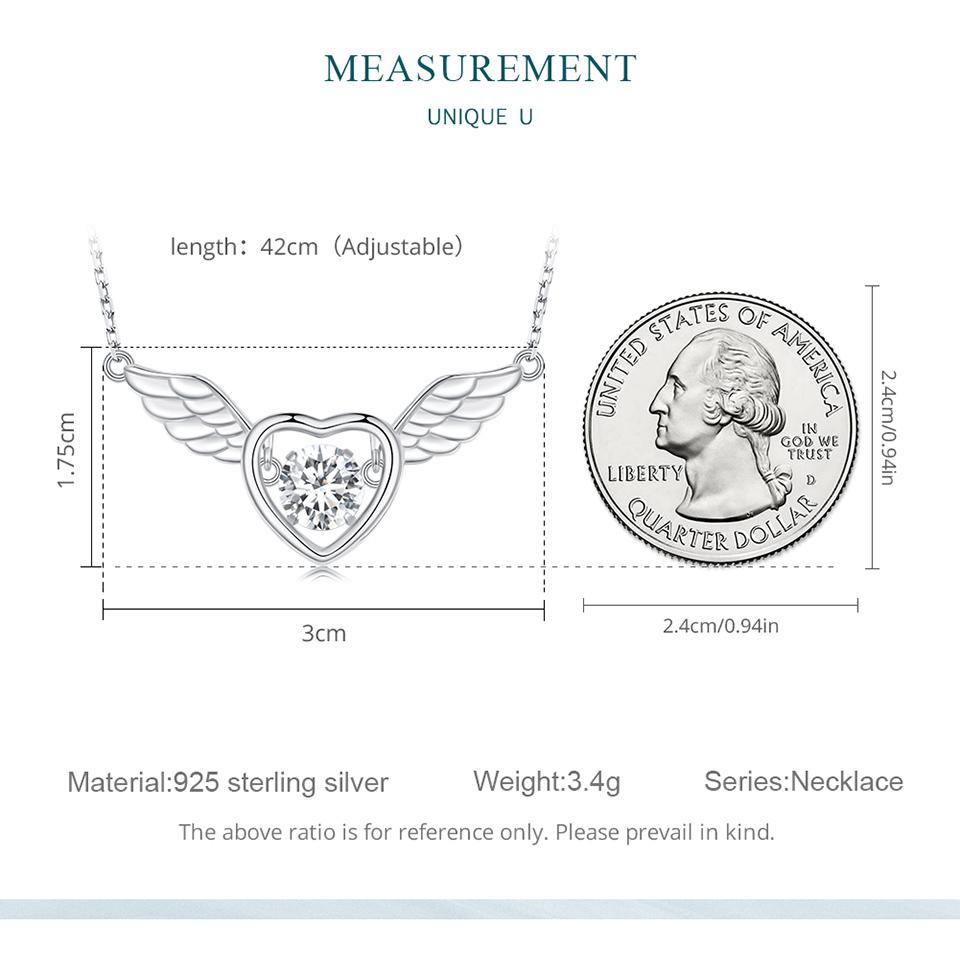 WOSTU 925 Sterling Silver Angel Wings Heart Pendant Necklace For Woman White Crystal Charms Girl Neck Chain Minimalist Jewelry