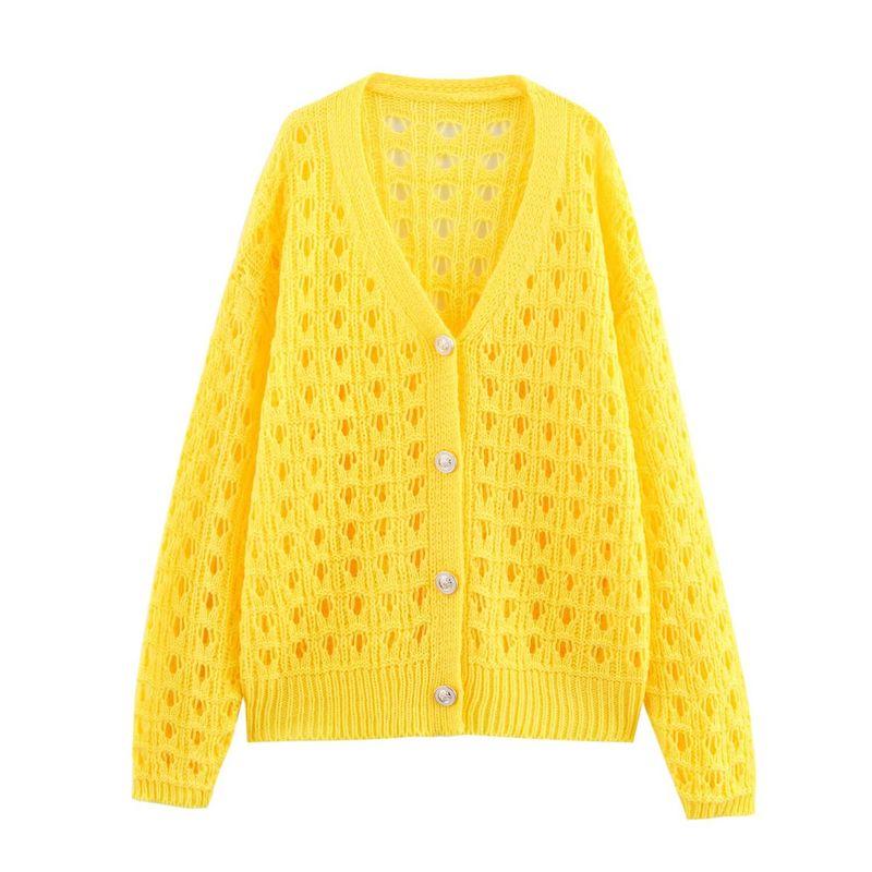 Zbzr Spring New Women clothes Western Style Yellow Hollow out Knit cardigan Niche Sweet Casual Sweater Outerwear