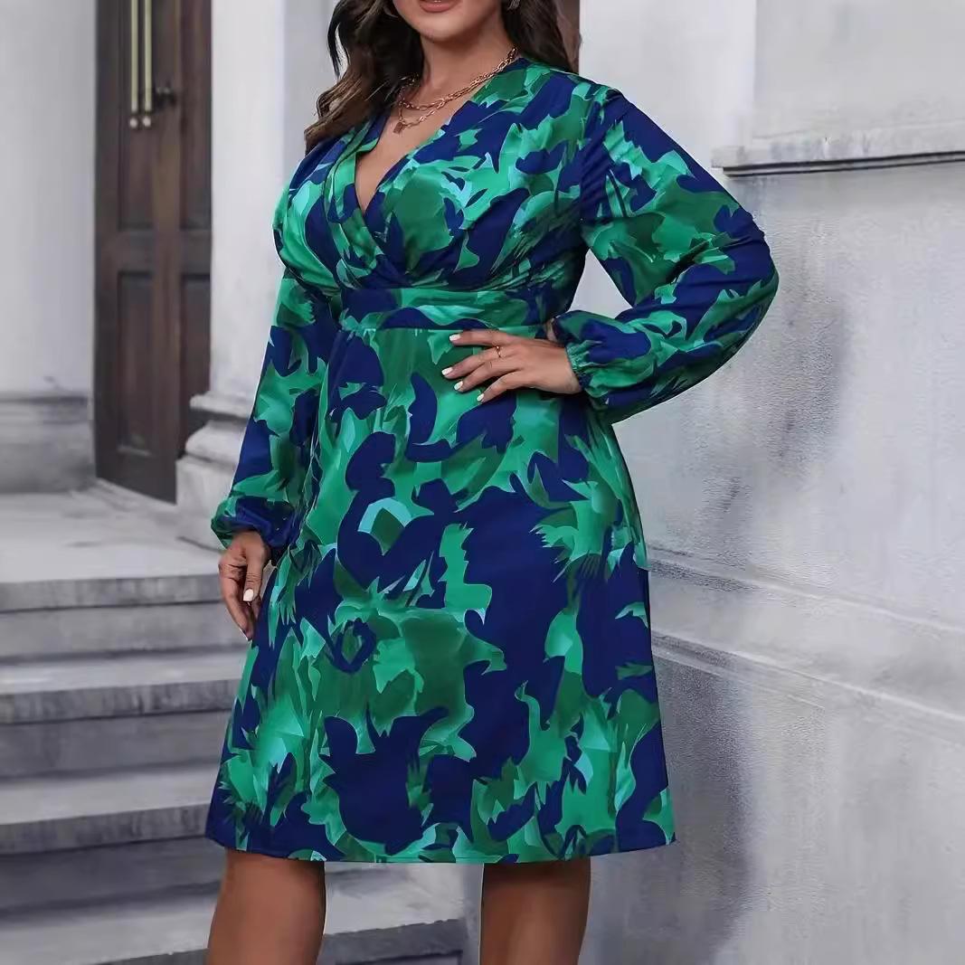 

Платье с V-образным вырезом и длинными рукавами, модные женские осенние платья больших размеров 4XL зелёный