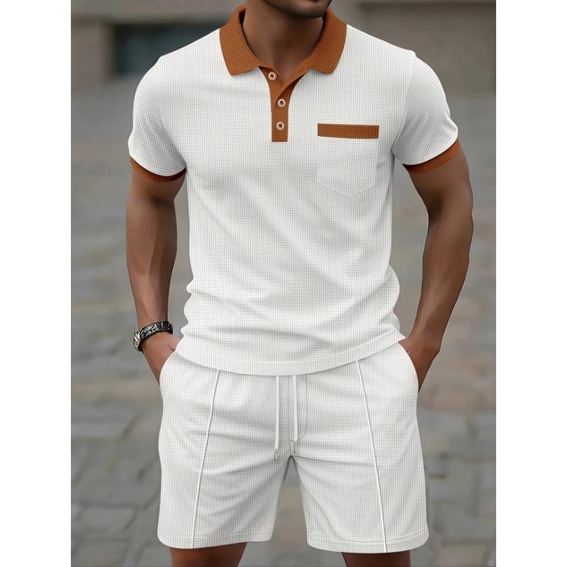 Mens Color Block Short Sleeve Polo Shirt And Shorts Two Piece Set