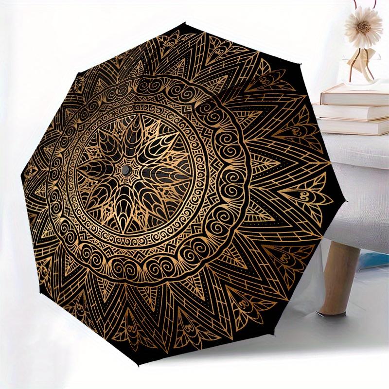 Golden Mandala Pattern Circular  Umbrella, Portable 3 Fold Compact Umbrella for Men & Women,S185
