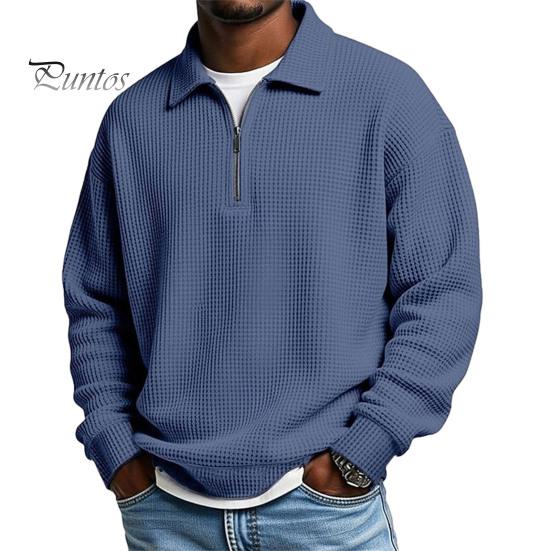 Men Sweatshirt Waffle Fabric Texture Long Sleeve Zipper Half Opening Classic Outdoor Activity Lapel Pullover Tops Solid Color Loose Fit Casual