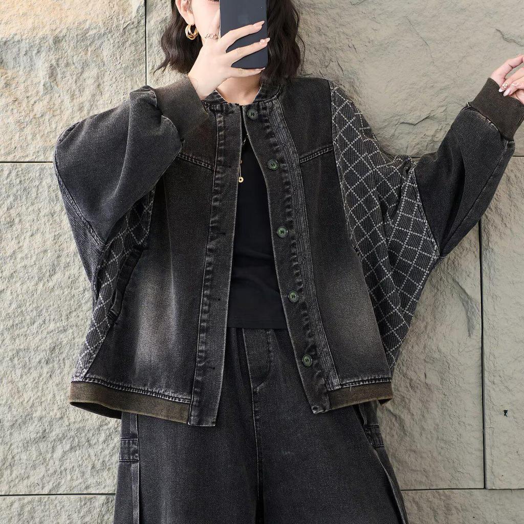 Artistic Loose-Fit Denim Jacket - Spring 2026 New Arrival, Stand Collar, Patchwork, Long Sleeve, Plus Size Fashion Top
