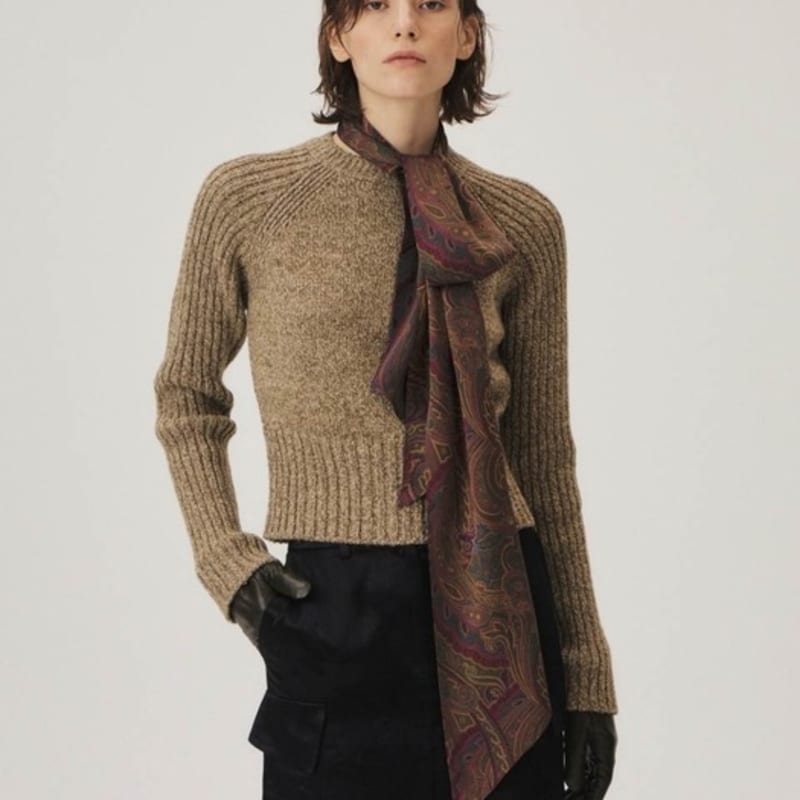 KUME Patterned Skinny Silk Scarf, Khaki