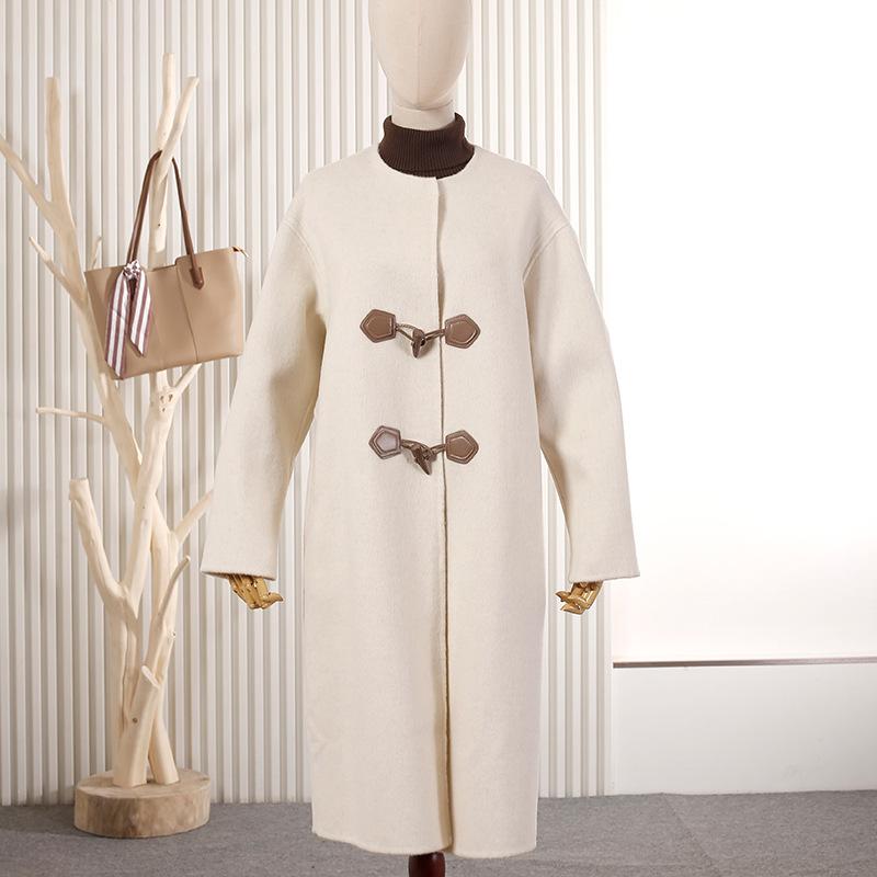 New Double-sided Cashmere Coat with Croissant Buckle Round Neck Medium and Long Woolen Coat Wool Coat Autumn and Winter