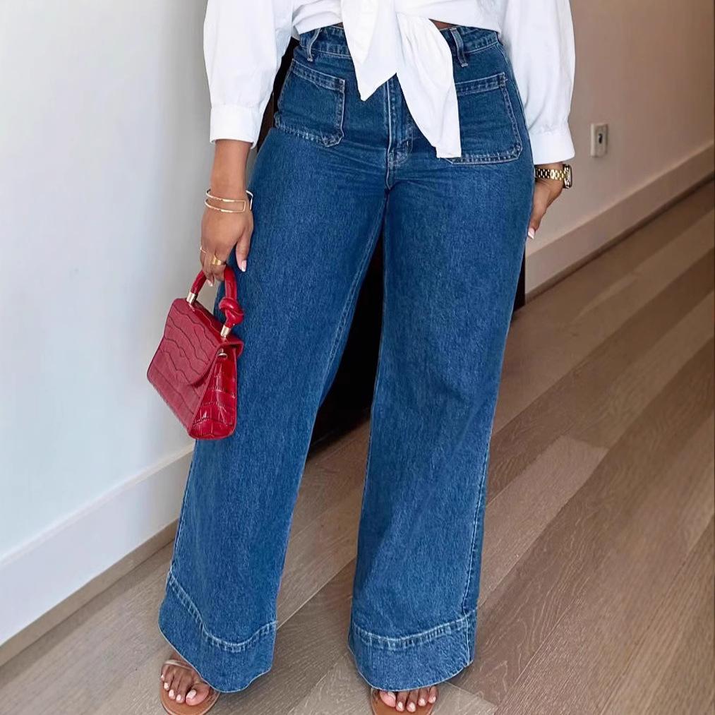 Straight Jeans Women Vintage Pants Floor Length High Waist Trousers Multiple Pockets Washed Distressed Streetwear Denims S синий