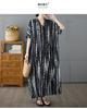 Summer Black Striped Foreign Trade Cotton and Linen V-neck Short-sleeved Long Loose Casual Large-size Dress Women's Clothing