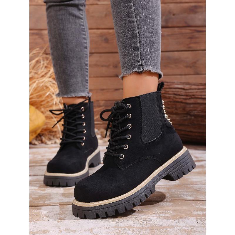 Round Toe Lace-up Muffin Suede Plus Size Booties 2025 Winter Thick Heel British Style Martin Boots for Women