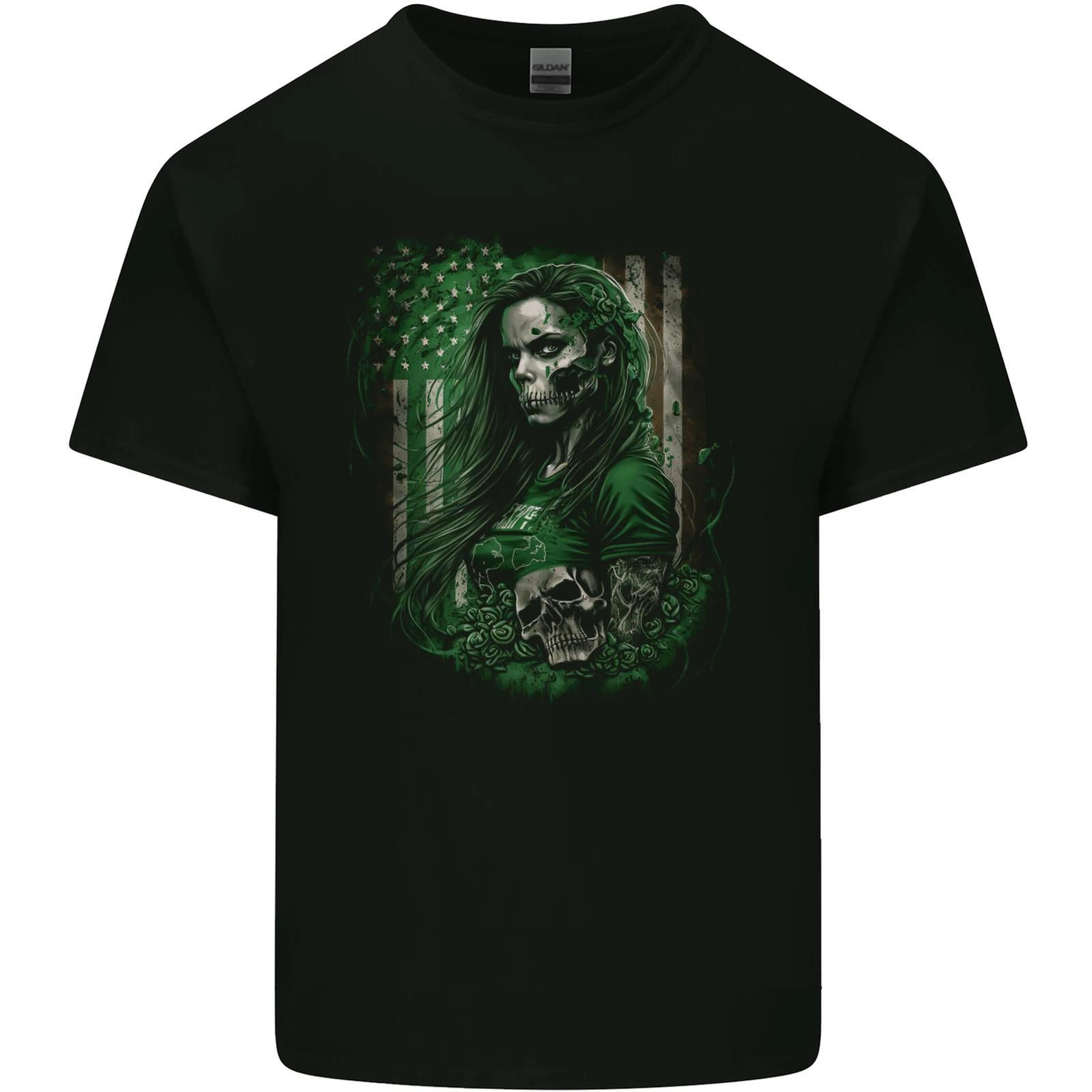 Green Zombie Woman USA Flag St Patricks Day Kids T-Shirt Childrens 2XL