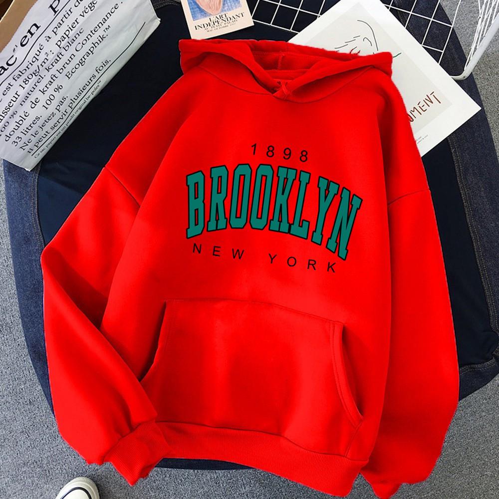 Brooklyn Print Fleece Hoodie: Autumn/Winter Loose Fit for Women & Couples