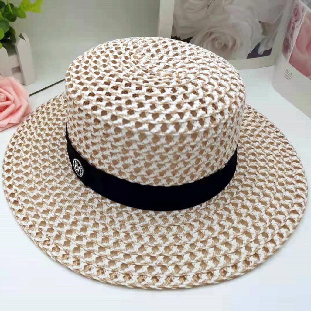 Ins Korean Mesh Flat Top Hat With M Logo, Black White Woven Straw, Summer New Fashion Sun Protection Fedora