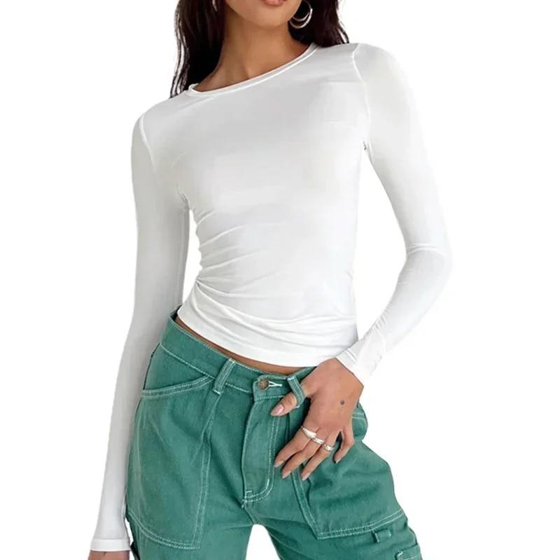 Mode Oansatz Tees Streetwear Tops Frauen Einfarbig Slim Fit Einfache T-shirts Frühling Herbst Casua Langarm T-shirts 30423