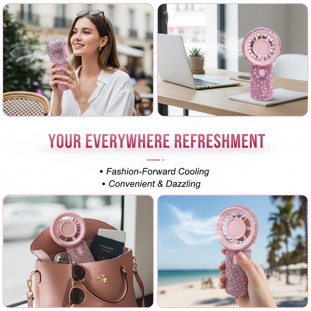 Mini Portable Fan Cute Diamond Handheld Personal Fan USB Rechargeable Pocket Desktop Fan for Travel Outdoor