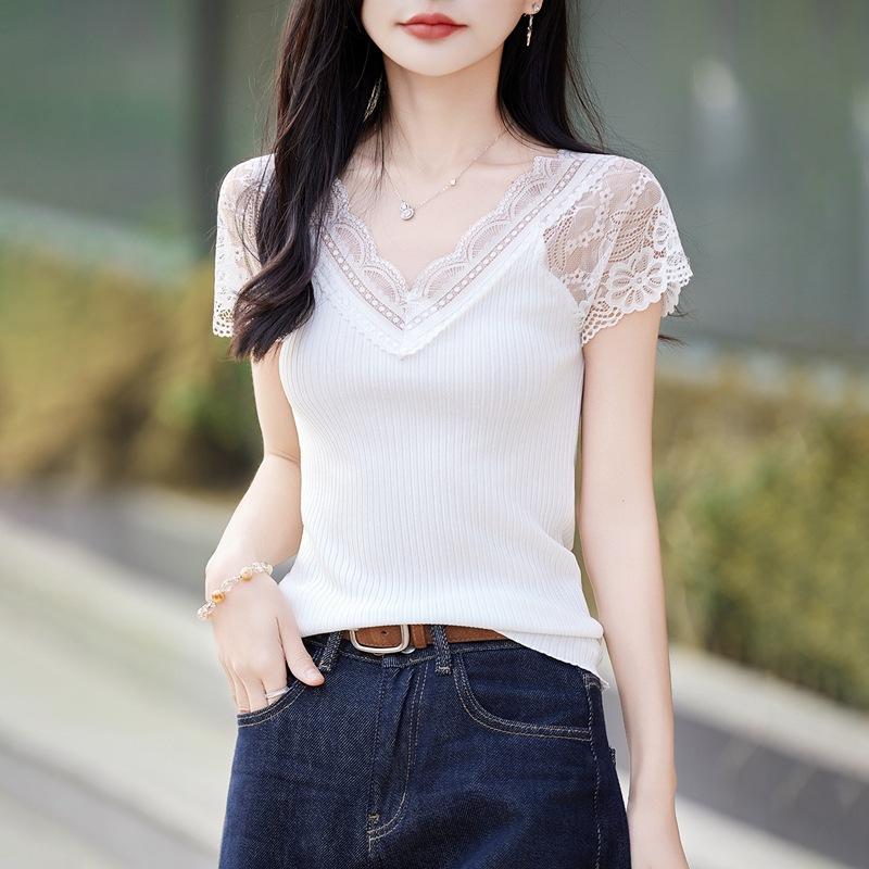 Spring and Summer New Style Double Curved V-Neck Lace Patchwork Knitted Shirt Short-Sleeve Women's Tight-Fitting Slimming Pullover T-Shirt Top
