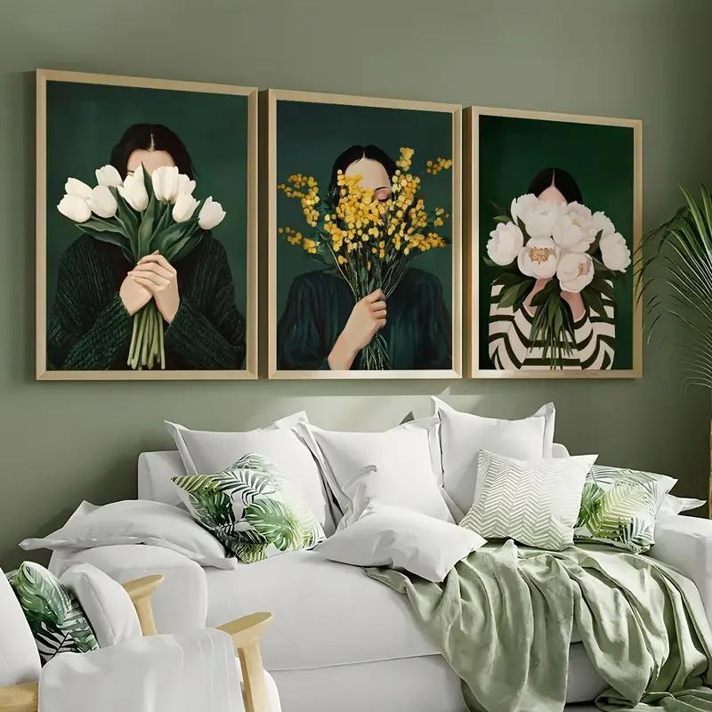 Stampa su Tela con Figure Astratte Verdi e Donna Fiore Ritratto Femminile Minimalista Japandi Poster Artistico per Decorazione Soggiorno Moderno
