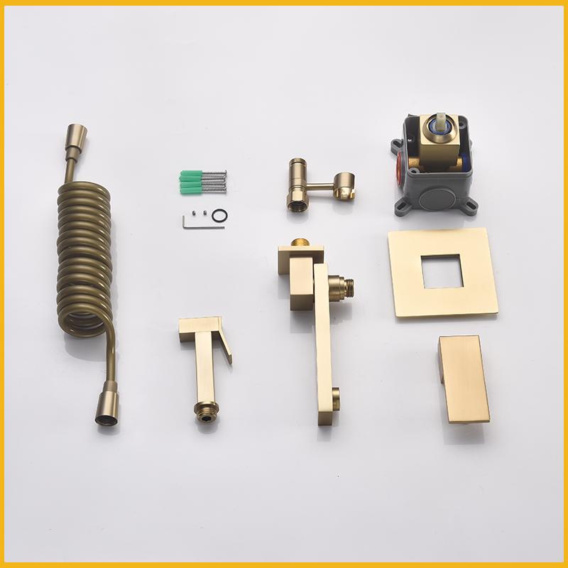 Waschbeckenarmatur aus gebürstetem Gold, Waschbeckenarmatur, Wandmontage, Einhebelmischer aus Messing für heiße und kalte Badewannen mit Handbrause