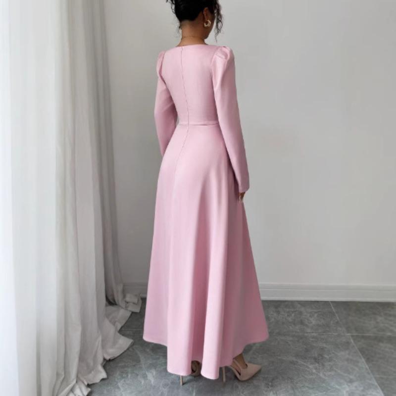 European and American Cross-border New Waist and Thin Temperament High-end Dress Women's French Single-breasted Square Collar Pleated