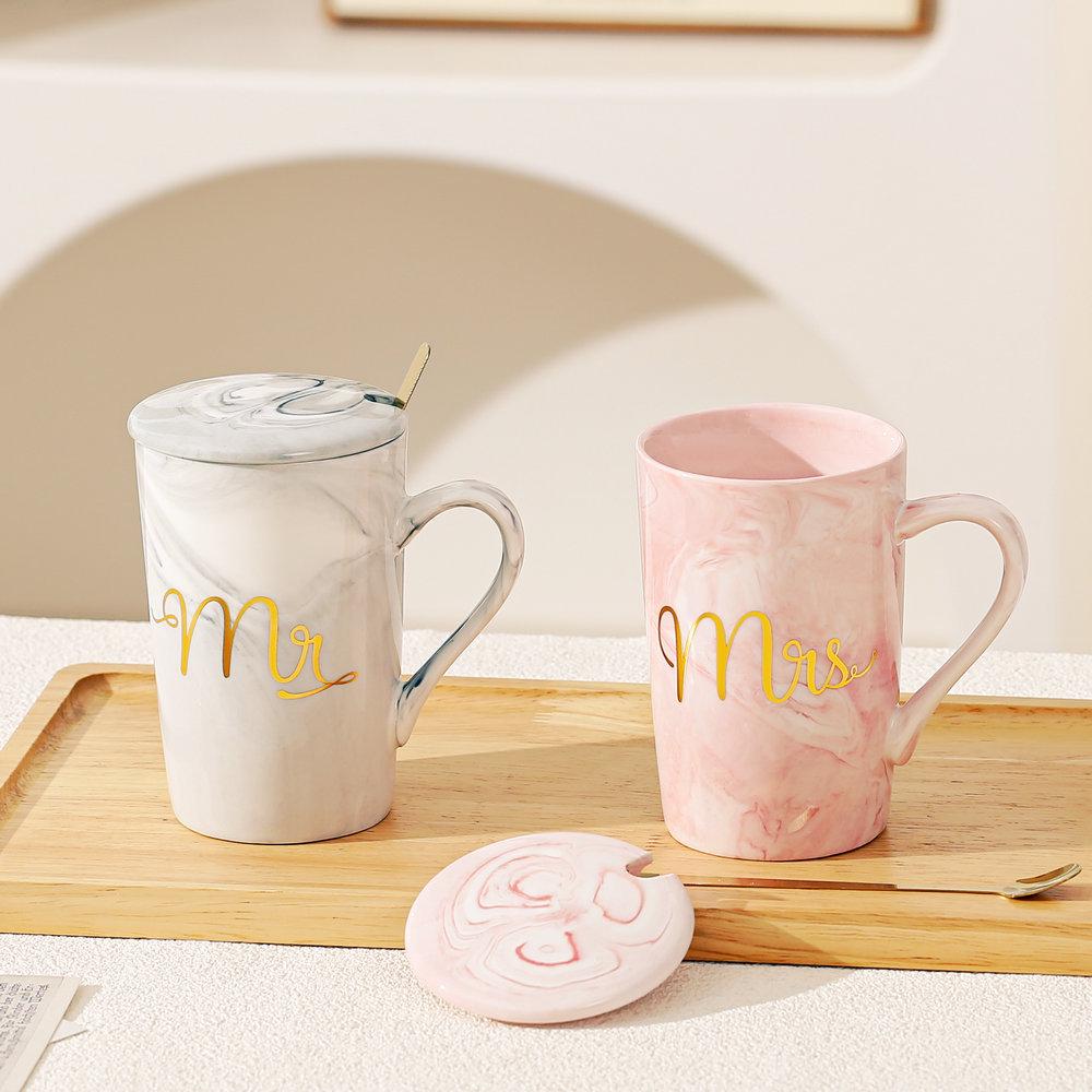 Nordic Ceramic Couple Mug with Lid and Spoon - Stone Pattern Gift Cup for Company Events