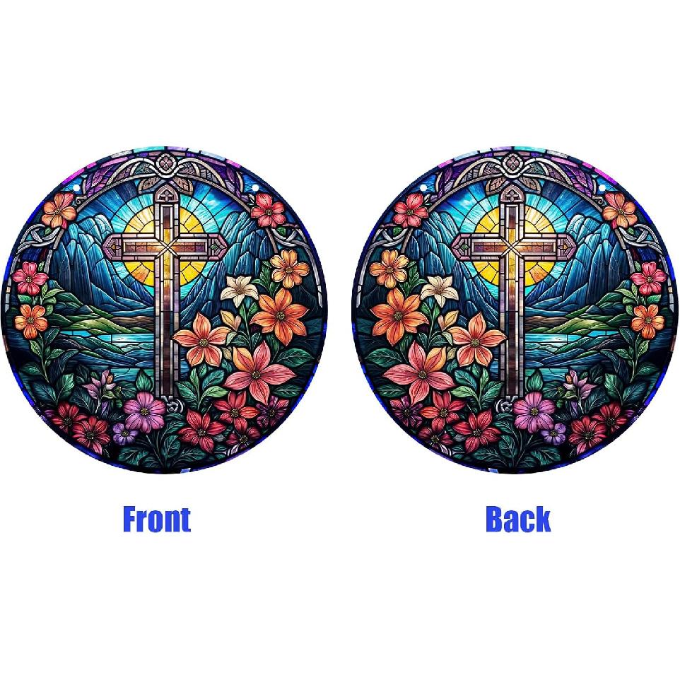 Yafuidil Acrylic Hanging - 1Pcs Wreath Cross Theme Round Stained Acrylic Hanging Ornament Window Hanging for Indoor Outdoor Decor, Garden Decoration