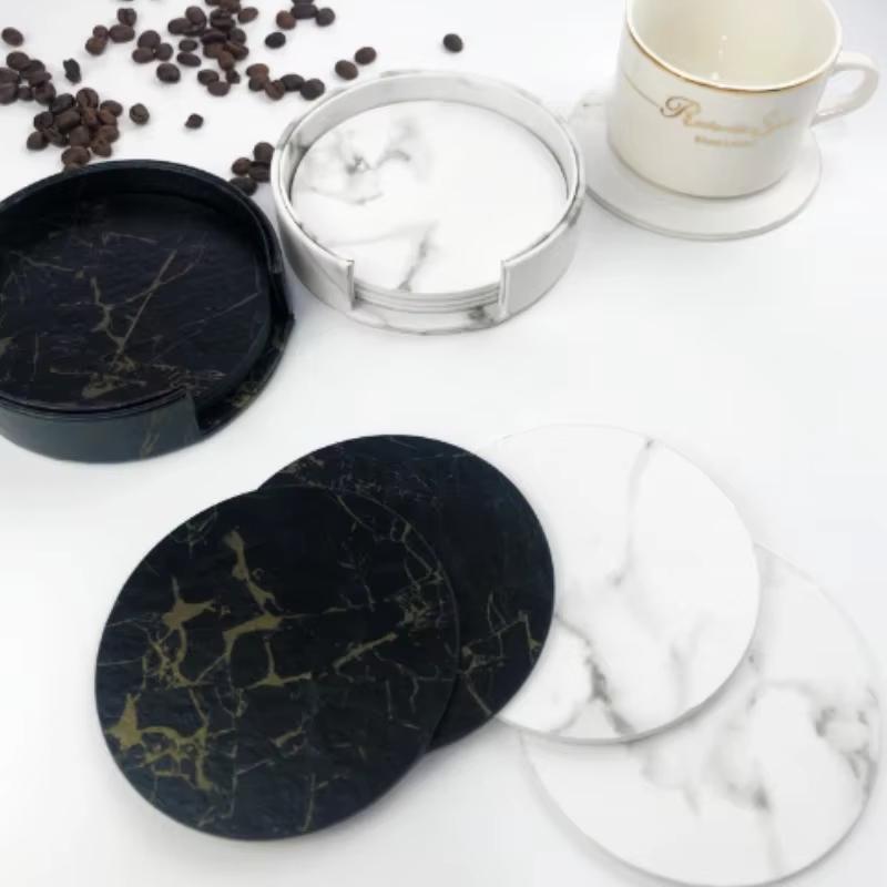 6PCS/Set 10cm Leather Marble Coaster Drink Coffee Cup Mat Table Placemats Round Heat-resistant Tea Pad Table Pad Holder Coaster