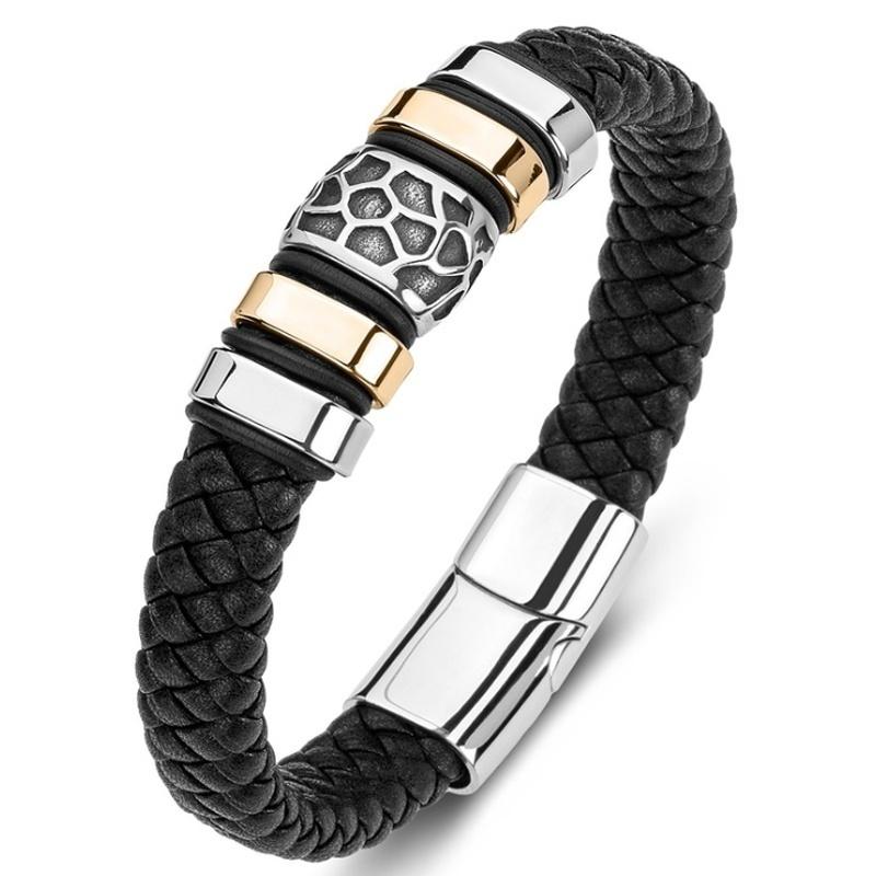 Double Layer Punk Brown Braided Leather Bracelet for Men with Metal Magnetic Clasp Stylish Business Bracelet Jewelry Gift
