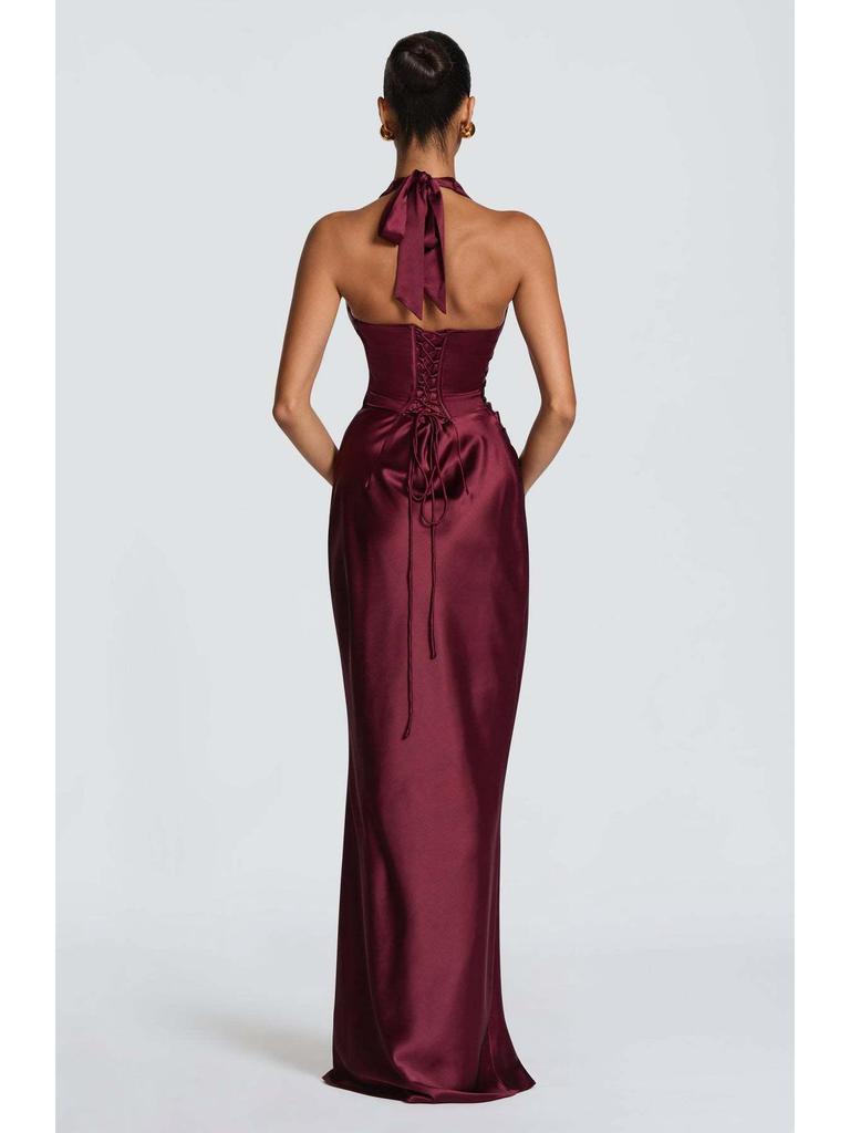 2026 Spring Festival: New Halter Deep V-Neck Pleated Off-the-Shoulder Long Dress in European and American Styles