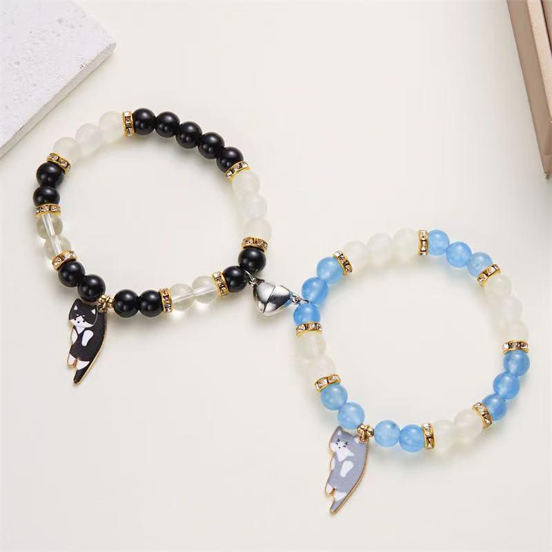 Set di 2 Braccialetti Magnetici a Forma di Gatto per Coppia, Gioielli Regolabili per Amanti Migliori Amici Regali Romantici