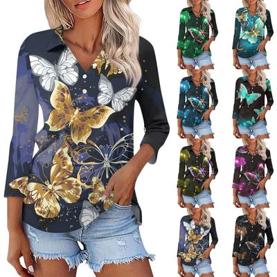 Women's Fashion Casual Long Sleeve Butterfly Print V-Neck Button Top