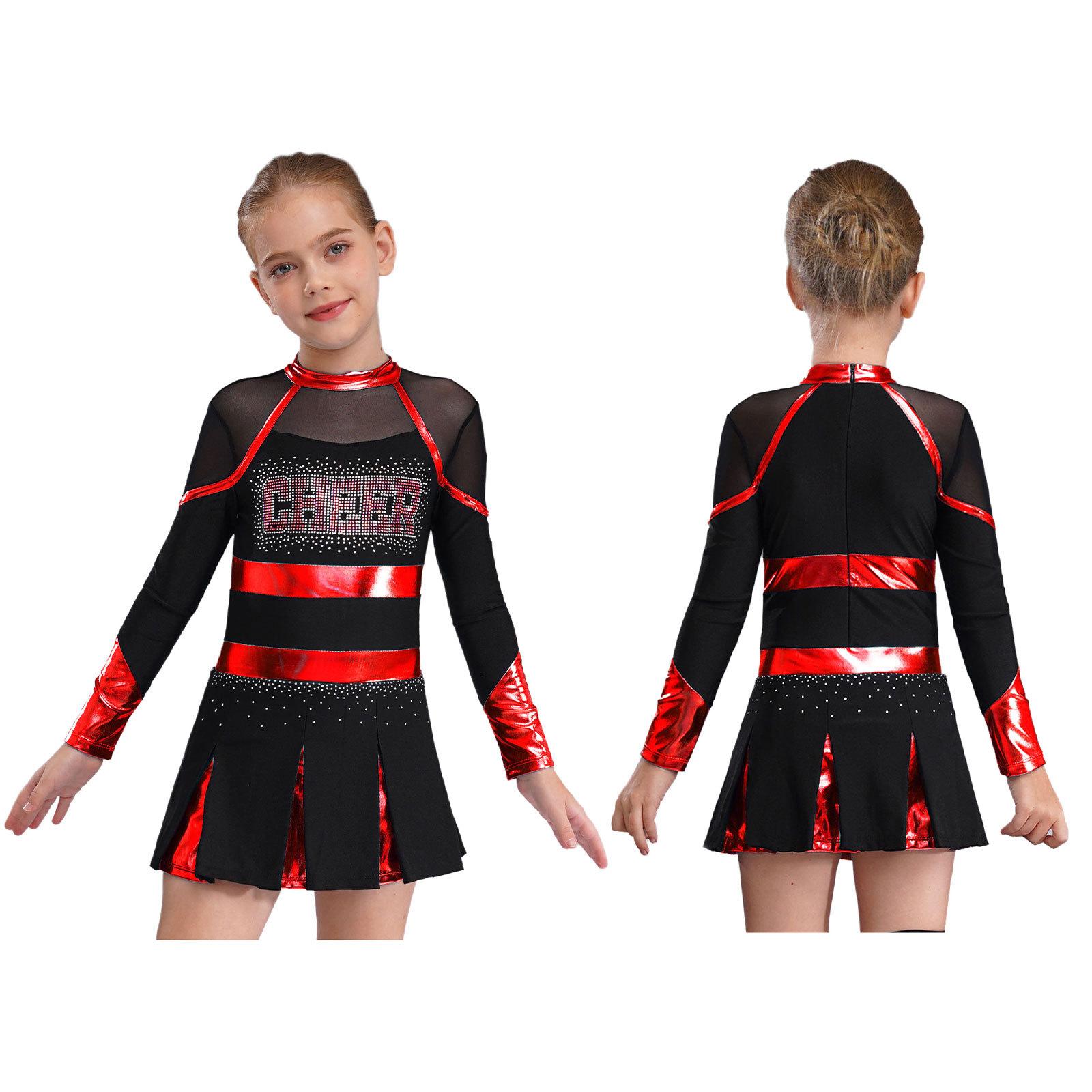 

2024 Сукня для змагань з чирлідингу для дівчат: Блискучі стрази, візерунок з літер та металізована клаптикова техніка на танцювальному костюмі з довгим рукавом та плісе чорний/червоний