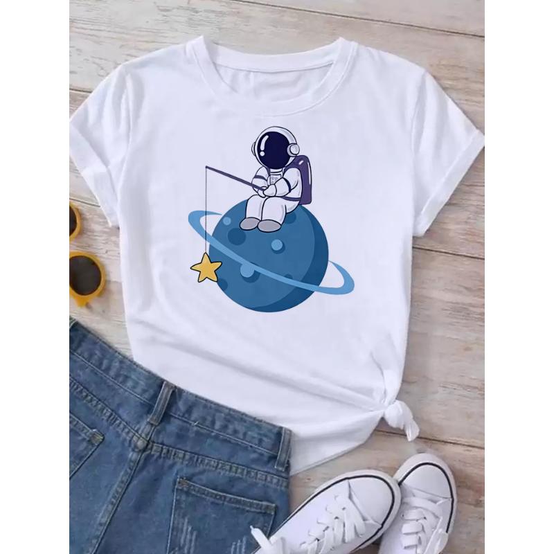 Maycaur T-shirt Dam Måne Planet Tryck Mode T-shirts Casual Rund Hals Kort Ärm Streetwear Dam T-shirt Vintage Toppar