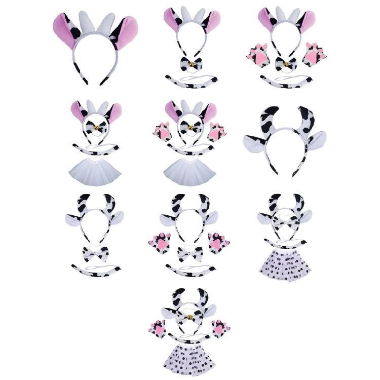Kuhkostüm Zubehör Set Kuh-Ohren Stirnband, Fliege, Schwanz, Tutu Rock, Handschuh