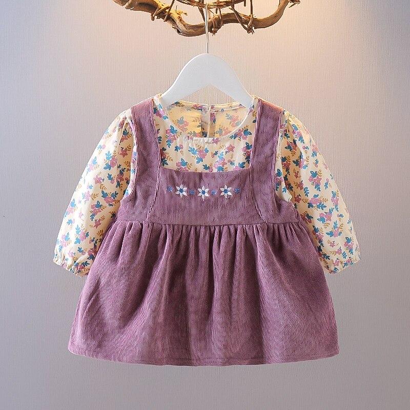 Jaro podzimní kojenecké dívčí šaty ležérní velká kapsa do ucha Falešné dvoudílné podvazkové šaty s potiskem