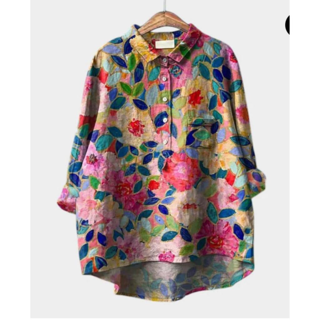 Women's Turn Down Collar Long Sleeve Floral Print Shirt Loose Fit Elegant Casual Blouse
