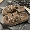 Fashion Thick Soled Hairy Slippers Women's Outdoor Wear  New Autumn and Winter Fashion Leather Buckle Plush Cotton Slippers Women Shoes