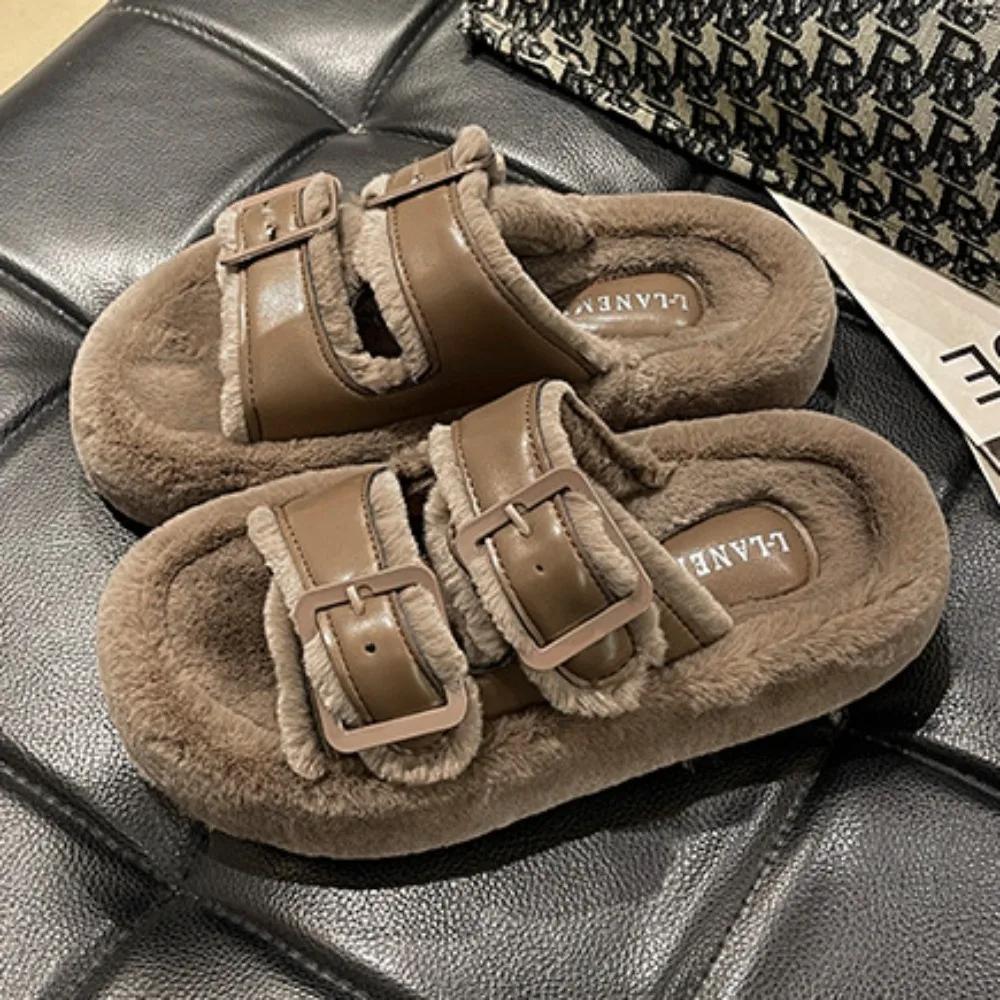 Fashion Thick Soled Hairy Slippers Women's Outdoor Wear  New Autumn and Winter Fashion Leather Buckle Plush Cotton Slippers Women Shoes