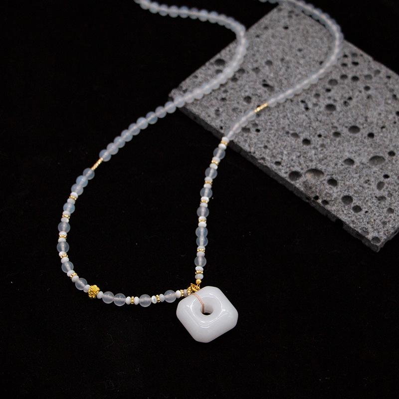 Elegant White Agate Pendant & Jade Bead Long Necklace In Retro Chinese Style