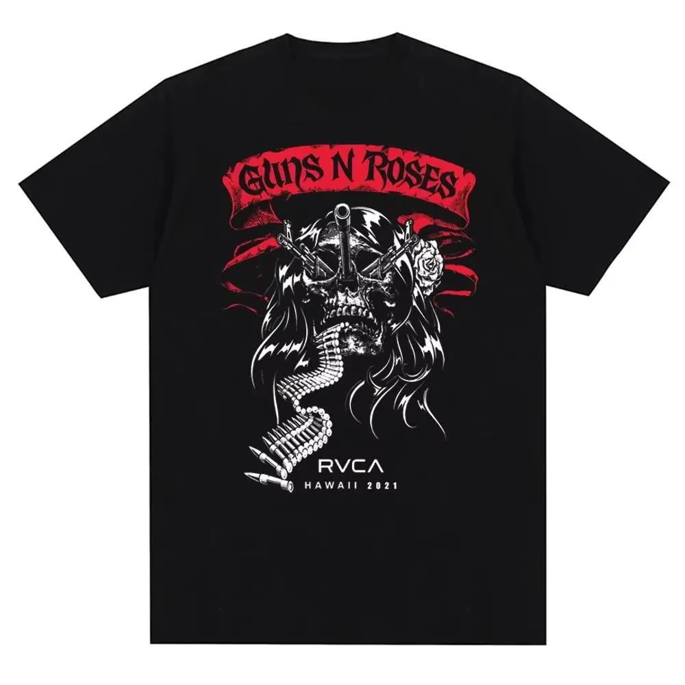 Gun and Rose Pattern Printed Tshirt Retro Rock Band Streetwear Summer Printed Pure Cotton Harajuku Retro Shortsleeved