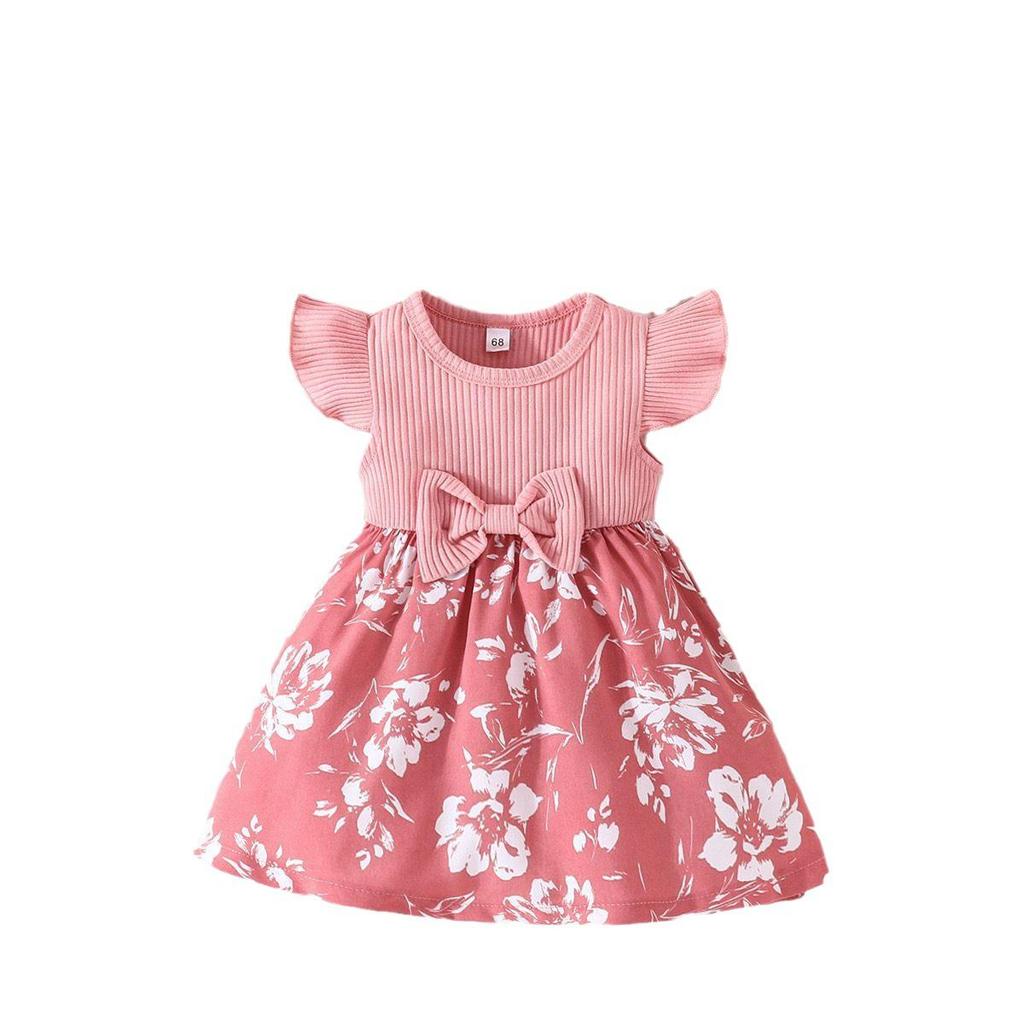 European & American Summer Baby Girl Fly Sleeve Dress with Headscarf - Patchwork Two-Piece Set