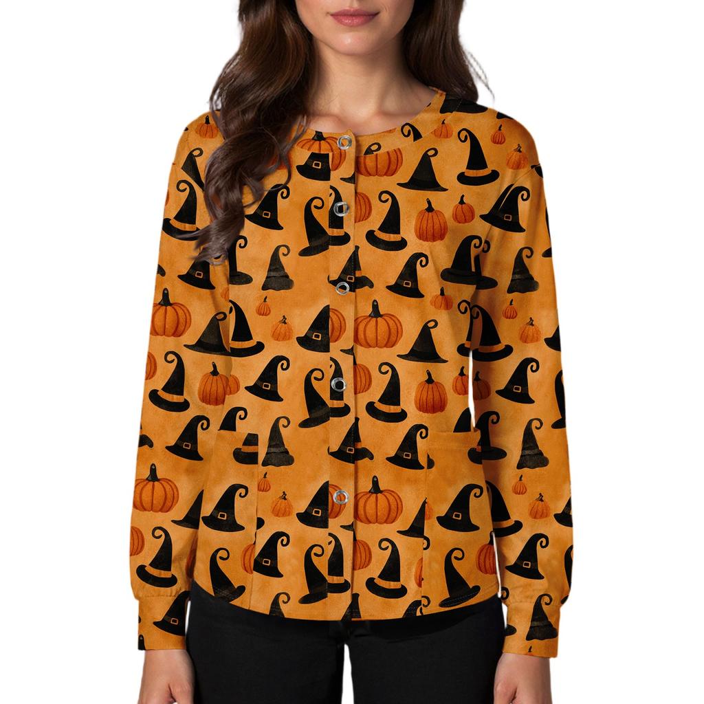 Women's Casual Fashion Single Breasted Halloween Graphic Printed Nurses Tops