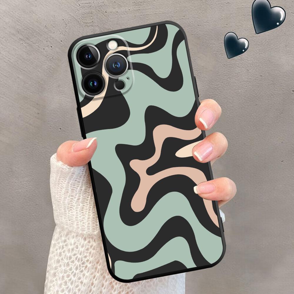 Phone Case for iPhone XR XS X 13 Mini SE 7 8 6S 11 Pro Max 12 14 Plus Swirl Abstract Pattern In Beige And Sage Coque Black