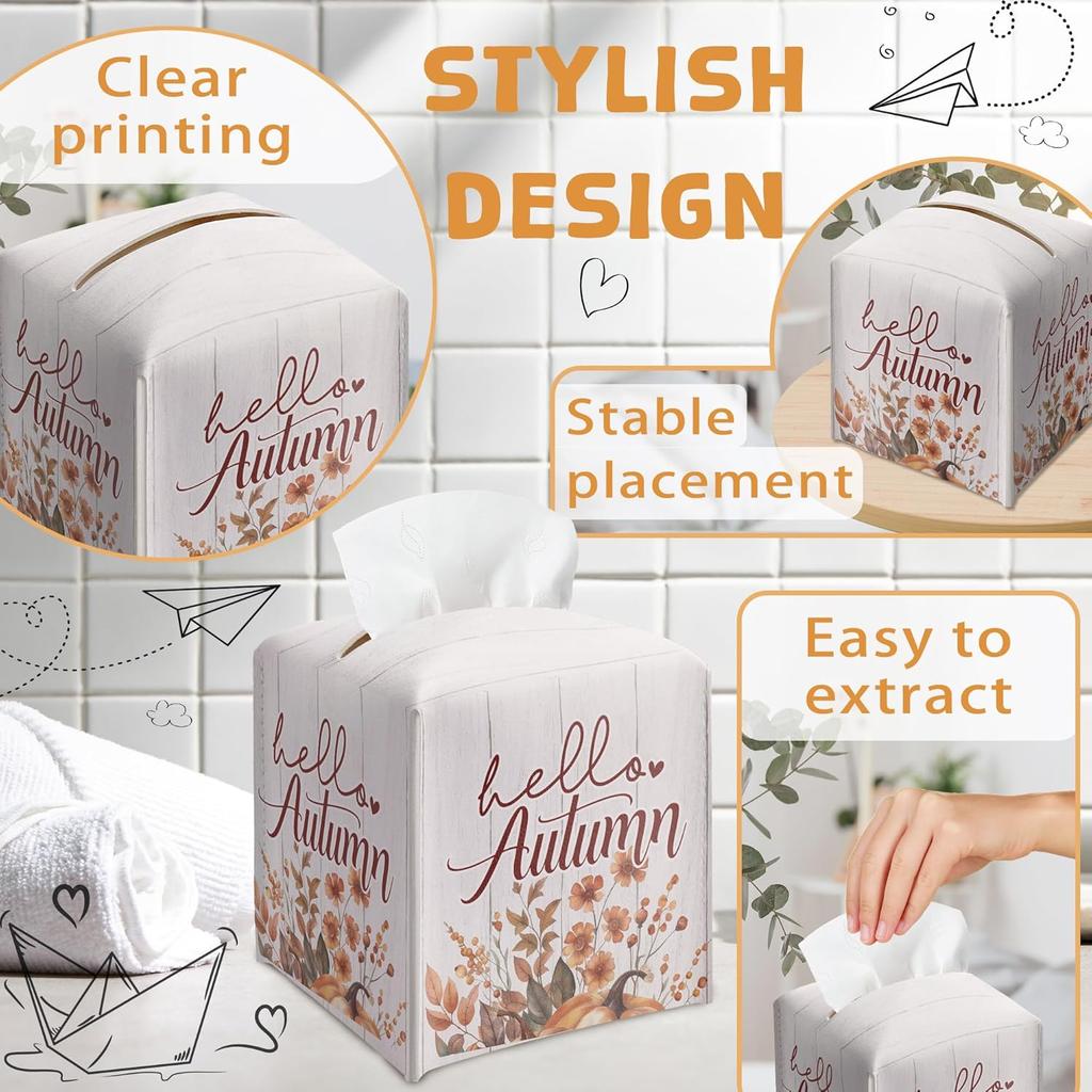 Floral Tissue Box Holder, Fall Florals Leather Tissue Box Cover Square, Autumn Facial Paper Organizer Dispenser Toilet Paper Holder for Bathroom