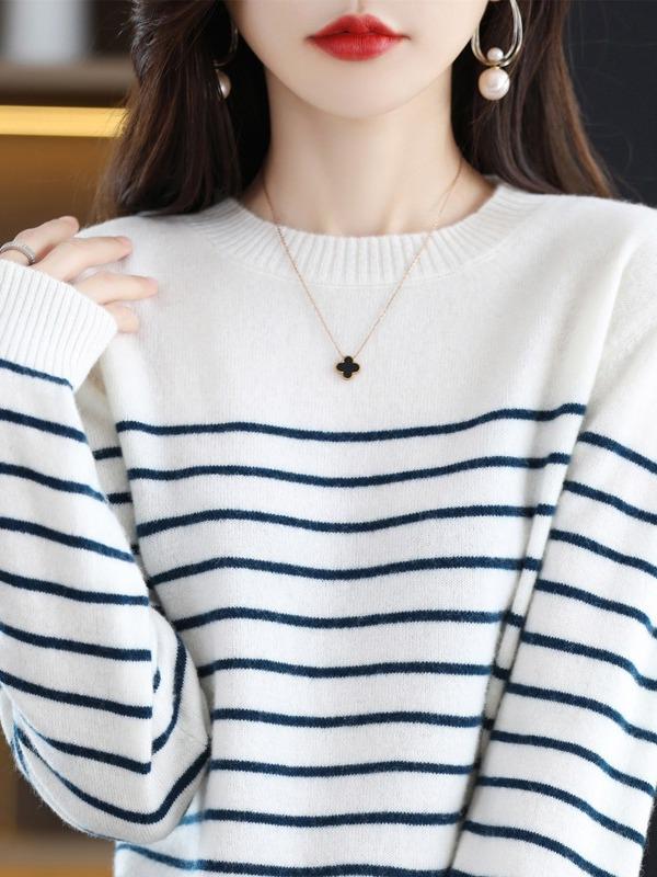 Women's Slim Fit Striped Pullover Sweater - 2024 Autumn/Winter Collection