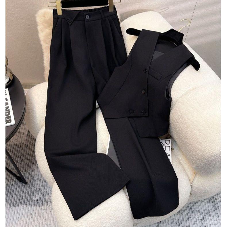 Early Spring SlimVest Pants 2 Piece Set Simple Straight Leg Trousers Sleeveless Suit Outfit