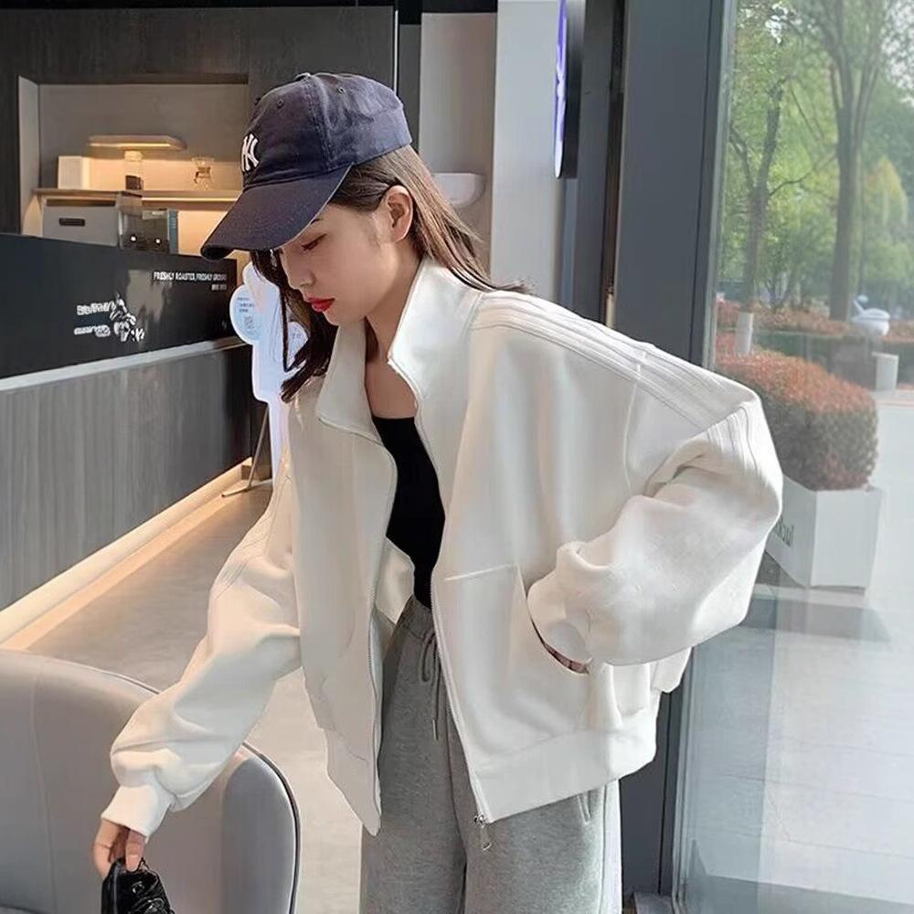 Women's Stand Collar Long Sleeve Zip Up Jacket Loose Fit Cropped Casual Sports Sweatshirt Outerwear