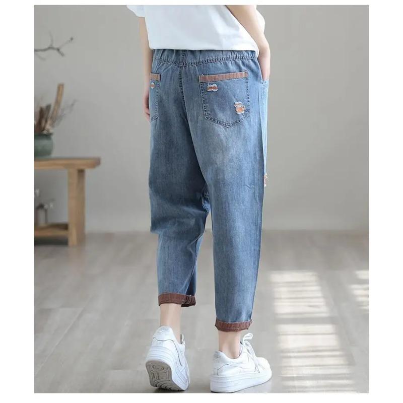 Nine Point Ripped Jeans Women Summer Loose Thin Elastic Waist Casual Harem Pants Denim Ankle Length Pant