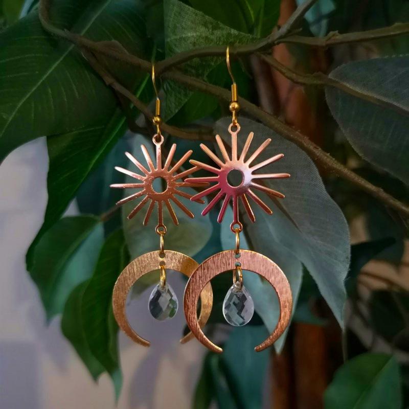 Vintage Sun Moon Crystal Tassel Earrings for Women