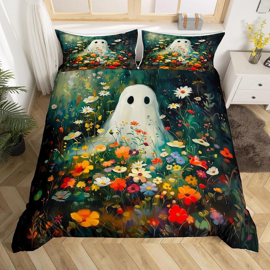 Cartoon Ghost Pink Duvet Cover Cute Black Cat Pet Animal Kitten Quilt Cover Happy Halloween Theme Bedding Set with 2 Pillowcases