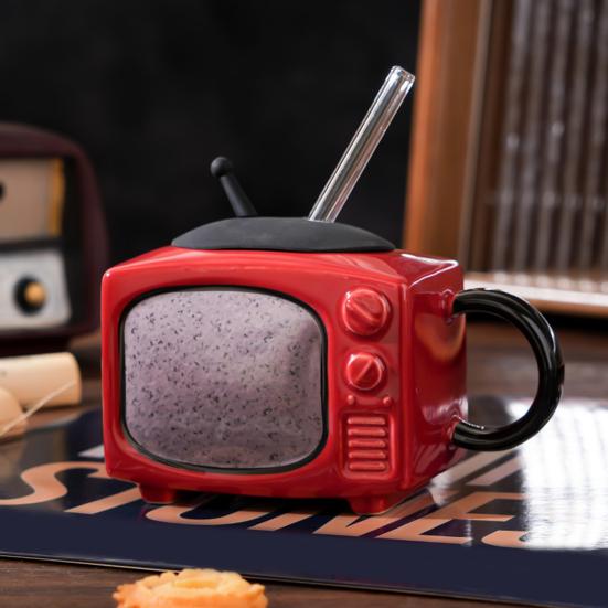 Retro Television Ceramic Mug with Lid & Straw 450ml Creative Nostalgic Design Coffee Cup Leak-Proof & Heat Resistant Drinking Cup Novelty Gift Home