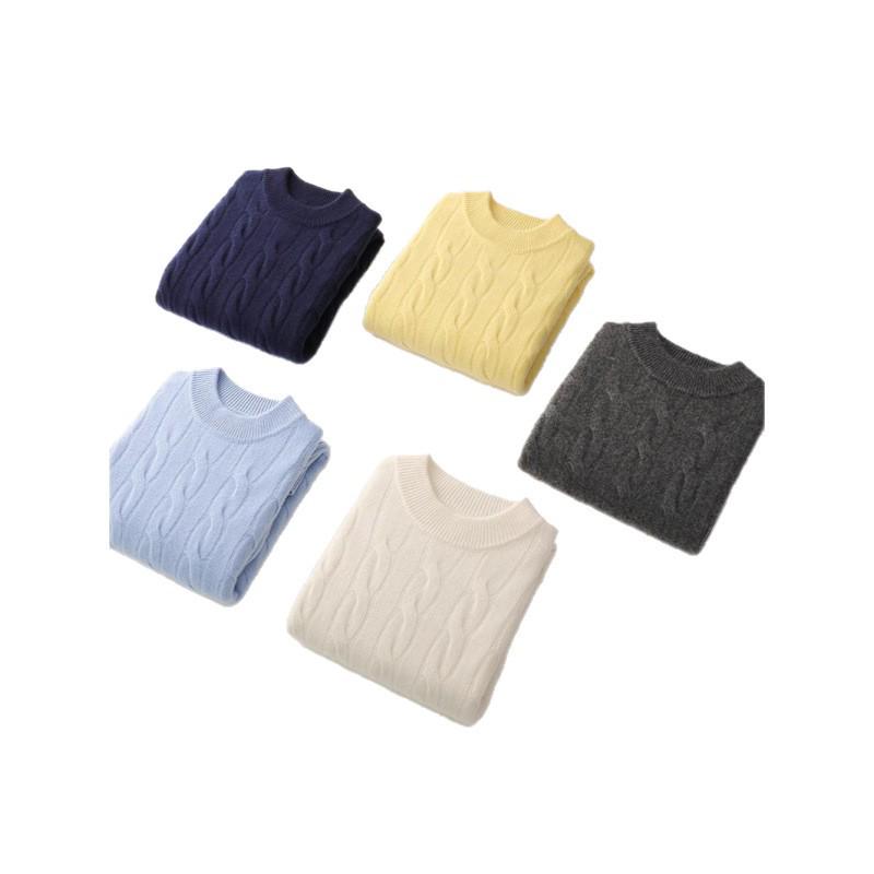 Men's Pure Wool Thick Cable Knit Sweater - Round Neck Solid Color for Autumn and Winter