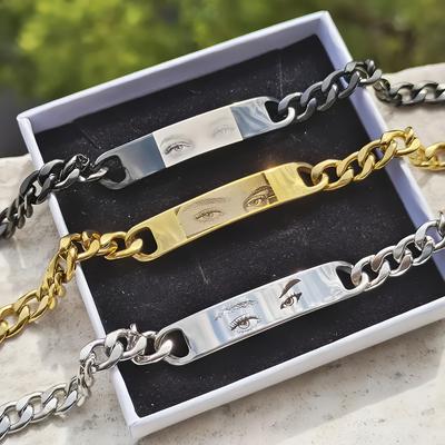 Pulseira de Aço Inoxidável Personalizada com Gravação para Mulheres e Homens com Design de Olho Realista - Joia Divertida Personalizada com Foto para Casais